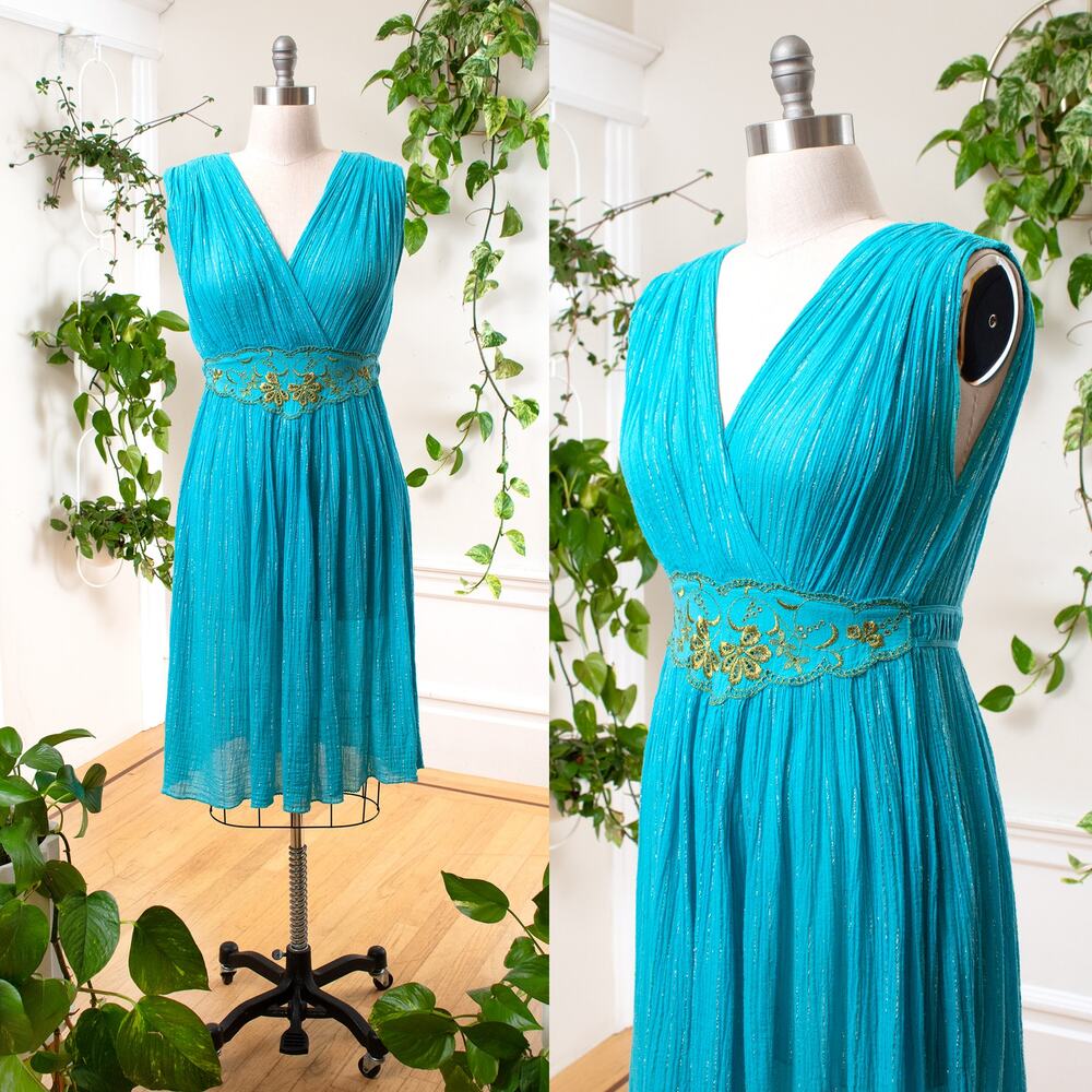 Vintage 1980s Gauze Dress 80s Blue Metallic Grecian Goddess Greek Sundress